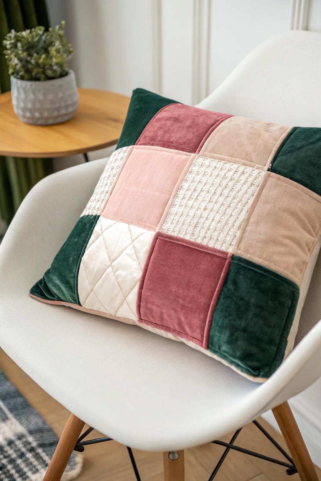 Explore the art of touch with this exquisite patchwork cushion, where luxurious textures meet minimalist beauty.