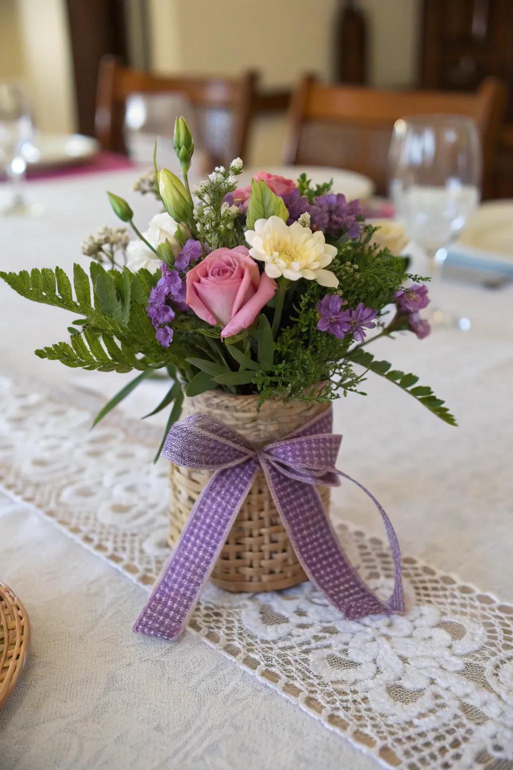 Woven purple ribbon adds elegance to a simple floral arrangement.