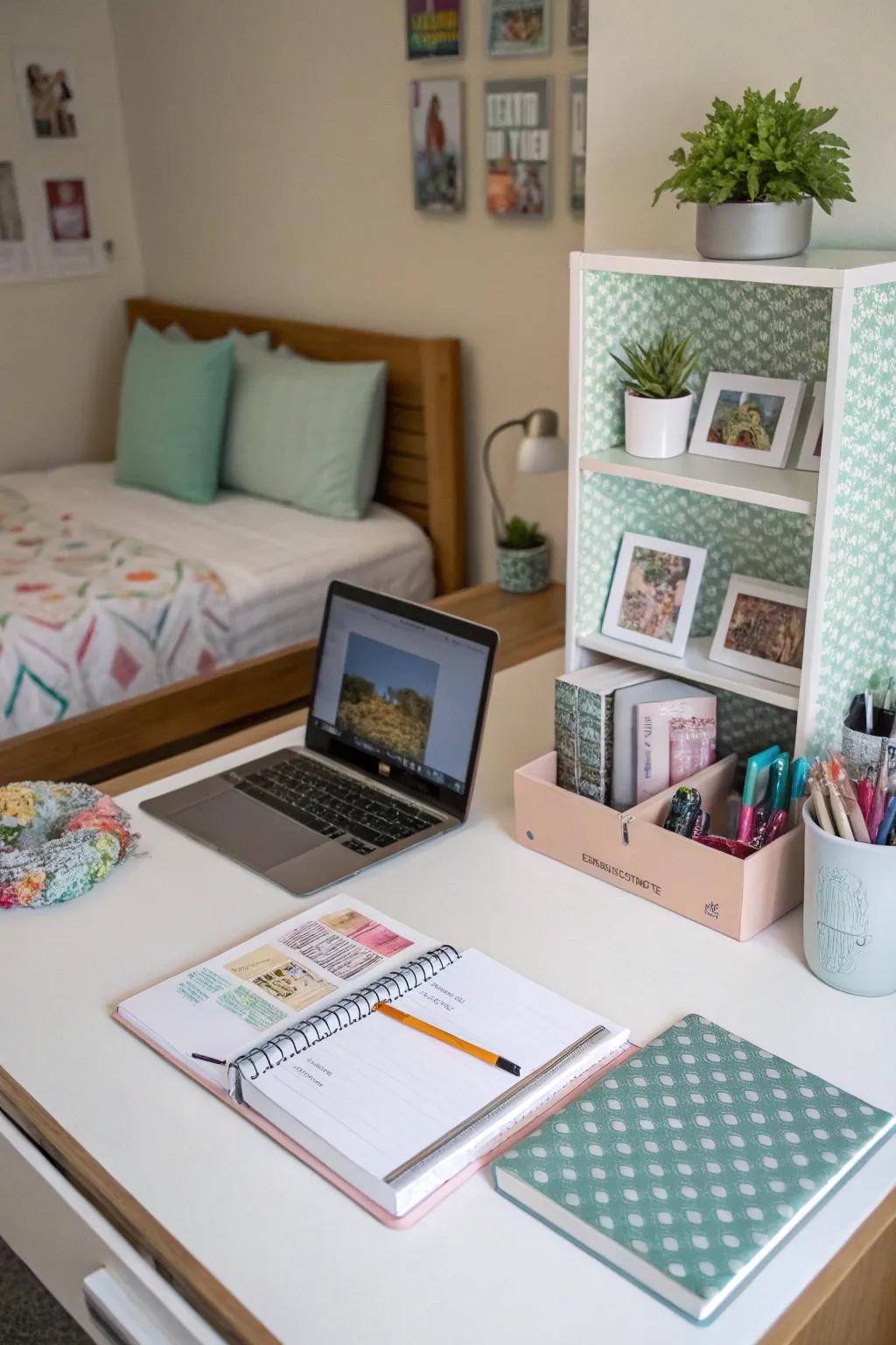 A well-organized desk setup is key to productive study sessions in a dorm room.