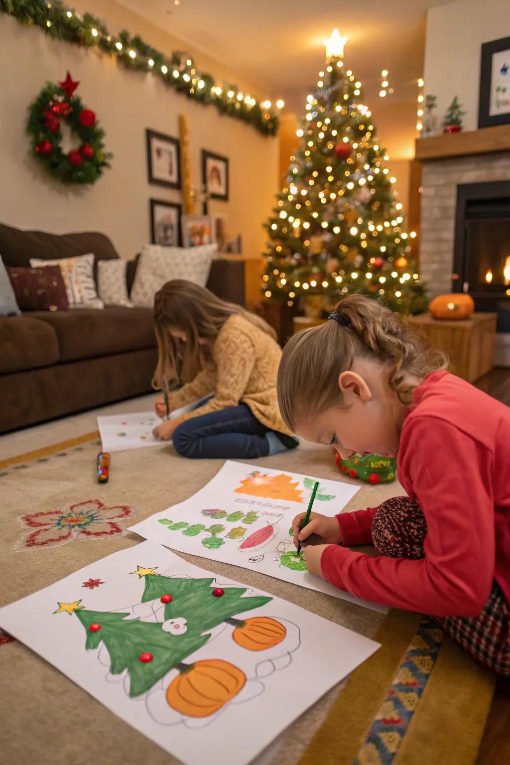 Children capturing holiday cheer through festive paintings