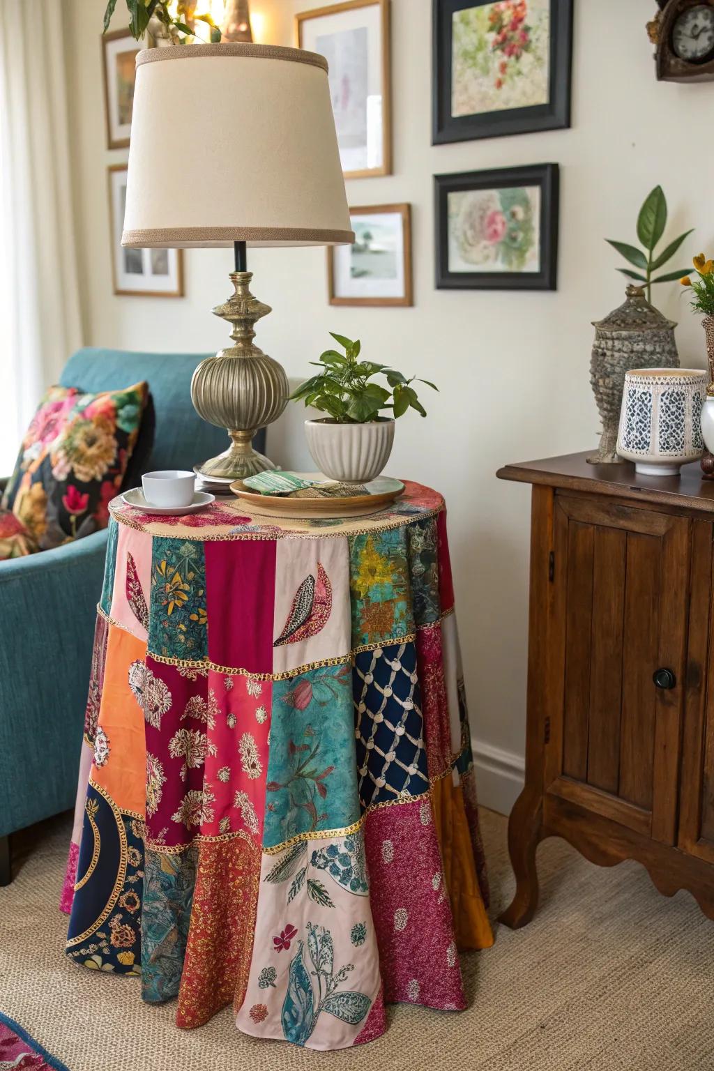 A side table with a patchwork skirt, showcasing a creative blend of fabrics in an eclectic setting.