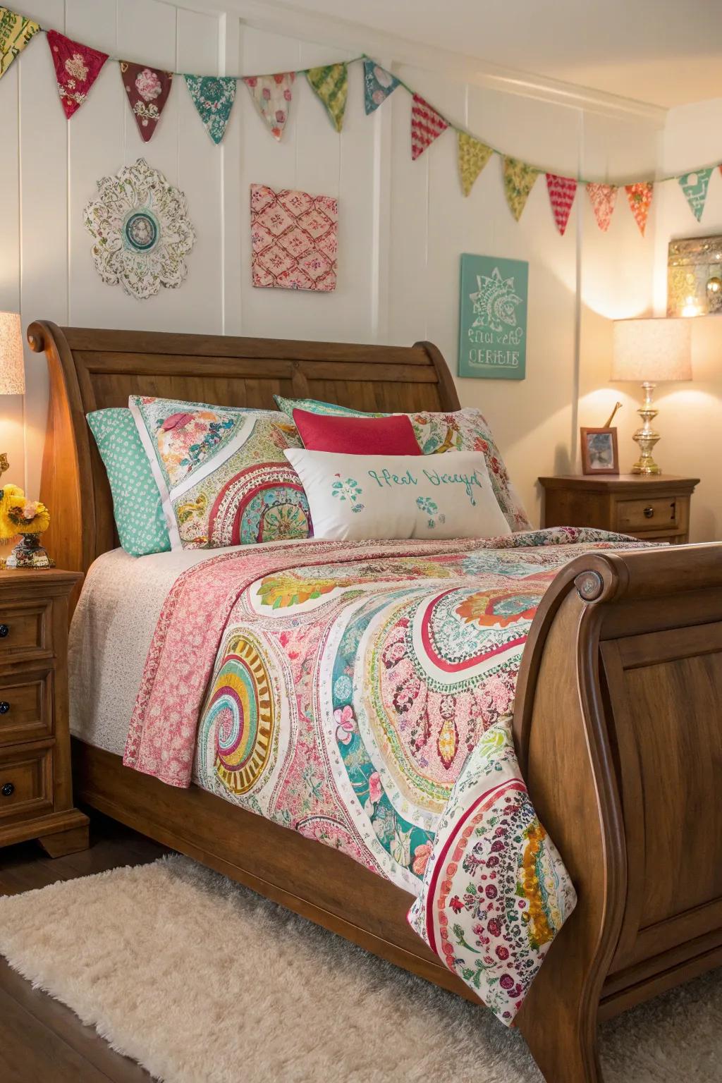 Patterned bedding adds a dynamic and lively touch to this sleigh bed.