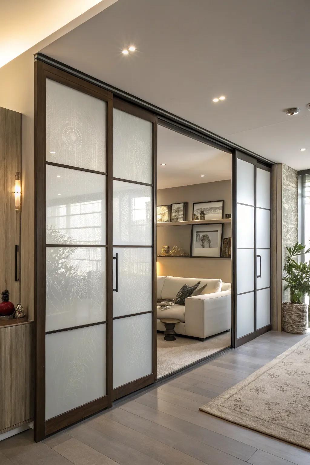 Frosted glass doors offer modern elegance with privacy.