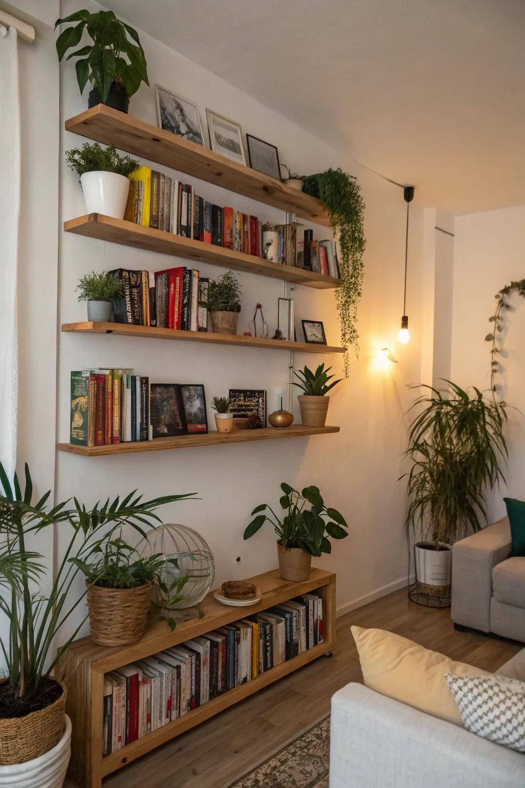 Floating shelves offer stylish storage solutions in small spaces.