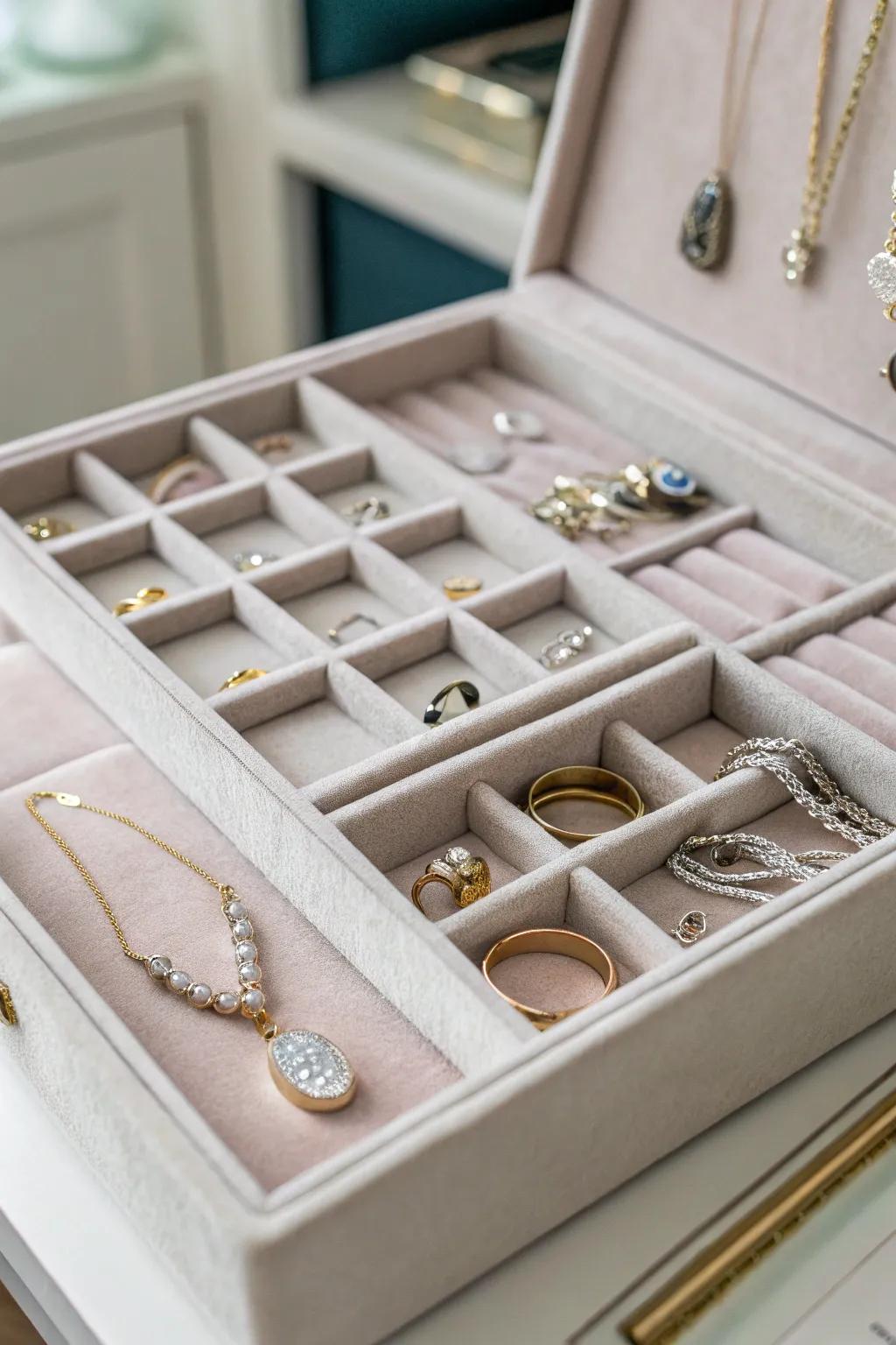 A jewelry drawer keeps accessories organized and pristine.