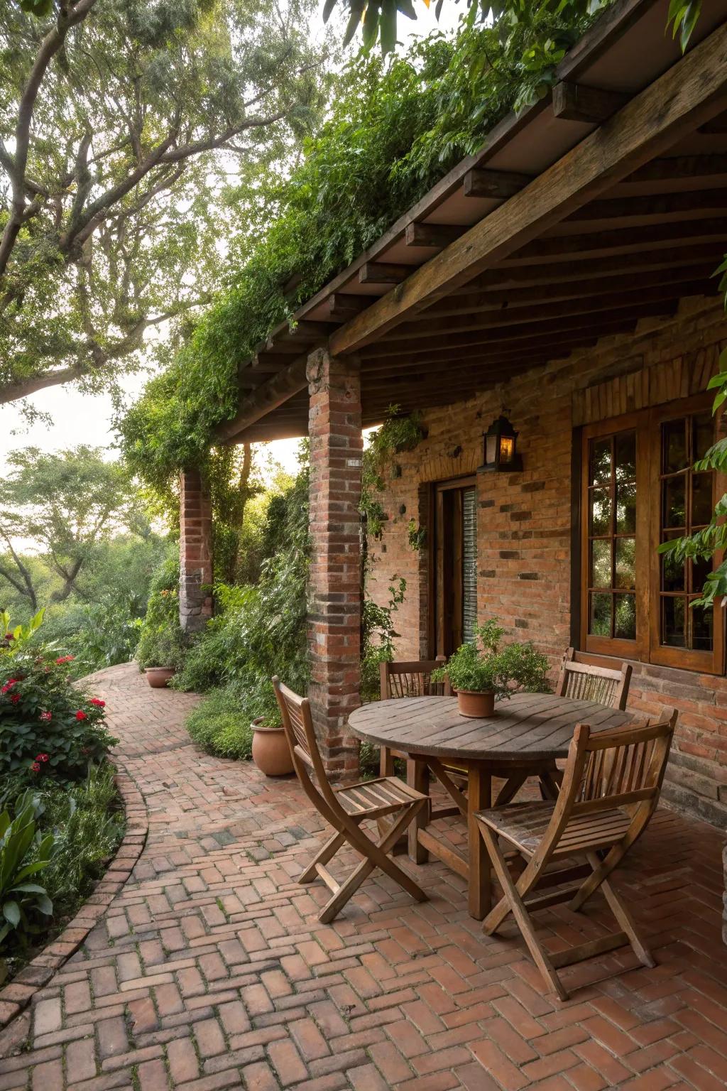 A rustic brick patio with wooden furniture.