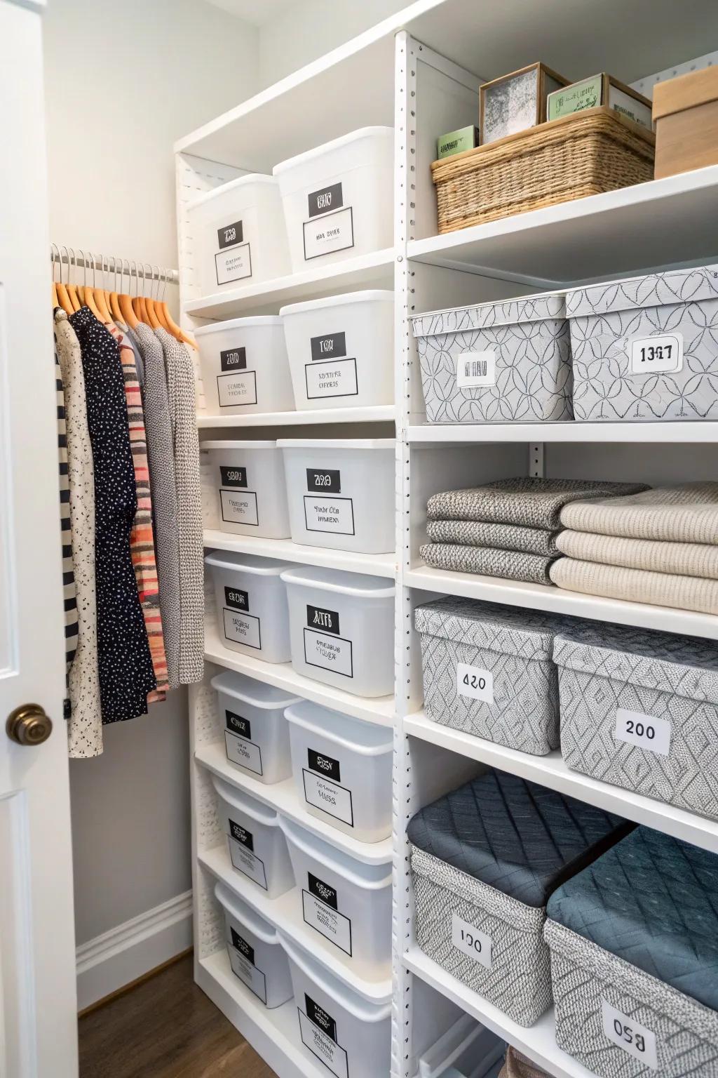 Labeled containers keep your closet organized and stress-free.