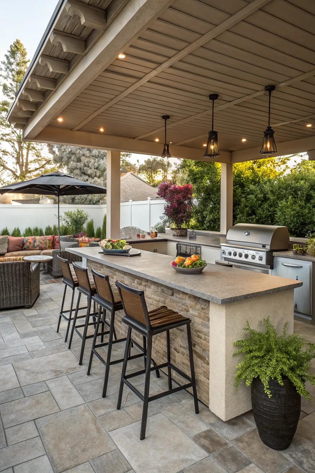 Integrated seating adds functionality to a small kitchen.