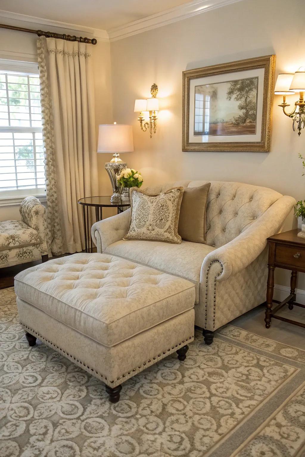 A harmonious seating arrangement with a chaise lounge at the foot of a sofa.