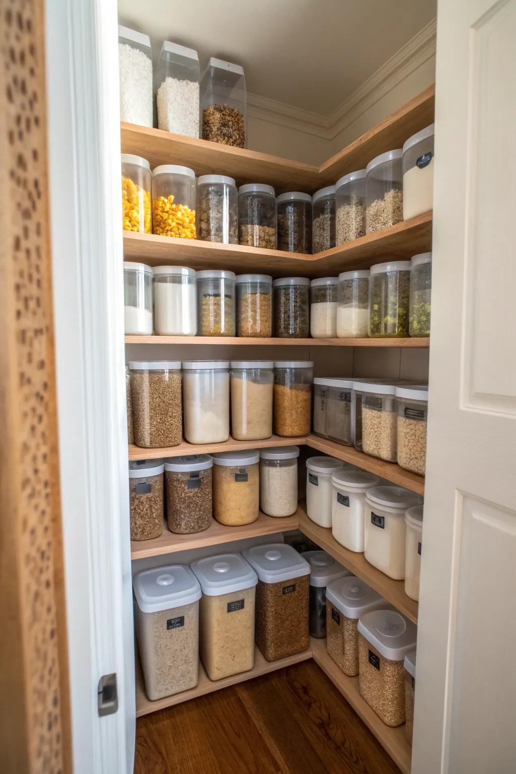 Airtight canisters keep food fresh and the pantry organized.