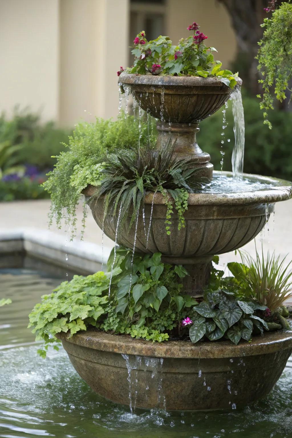 A tiered plant pot fountain brings whimsy and sophistication.