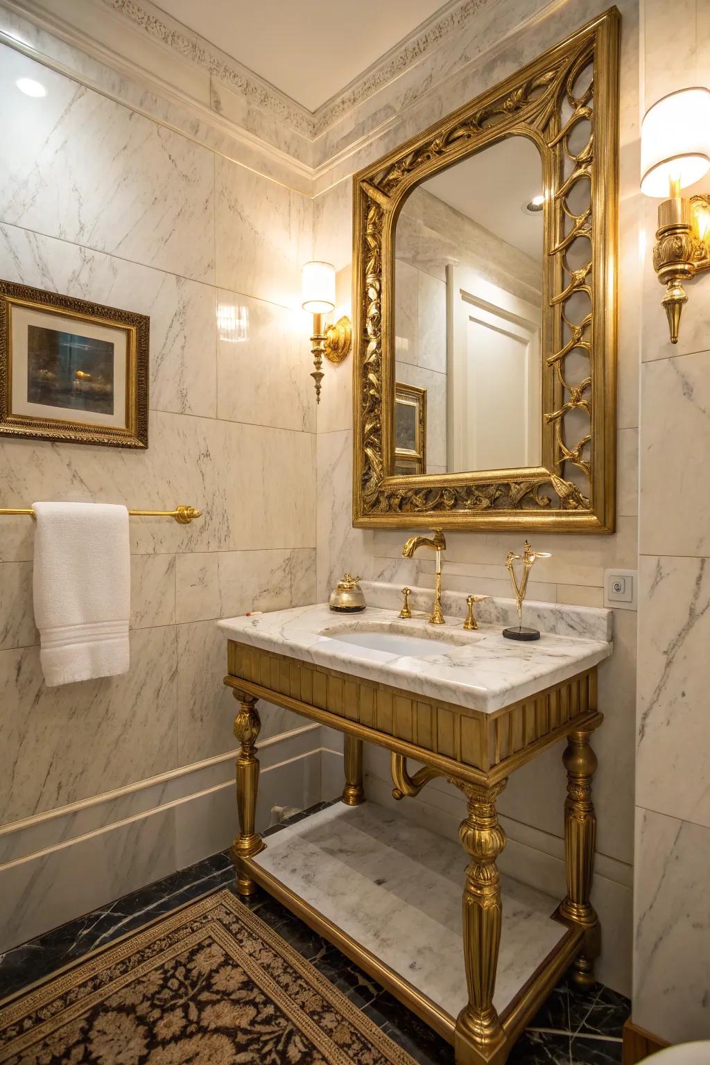 Metallic accents infuse luxury and light into powder rooms.