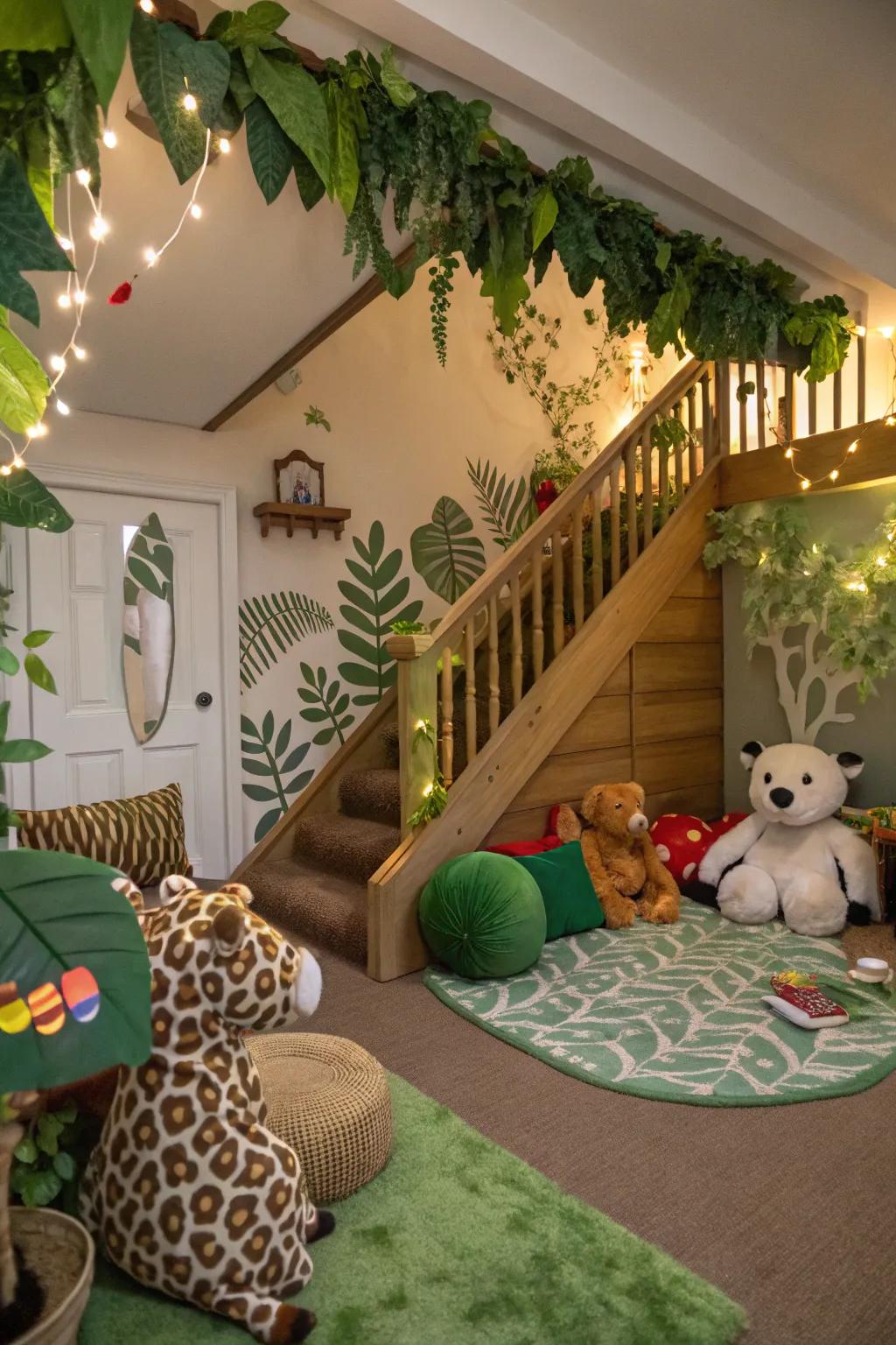 A jungle safari spot under the stairs for adventurous play.