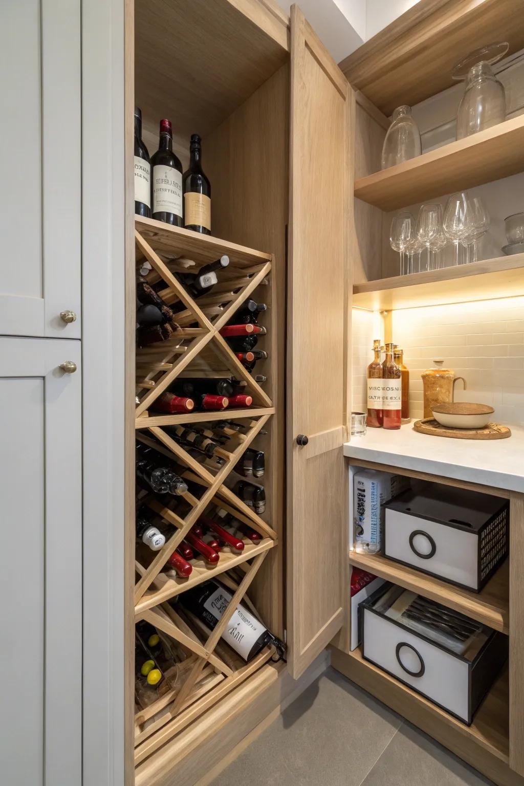 A wine rack adds elegance and convenience to the pantry.