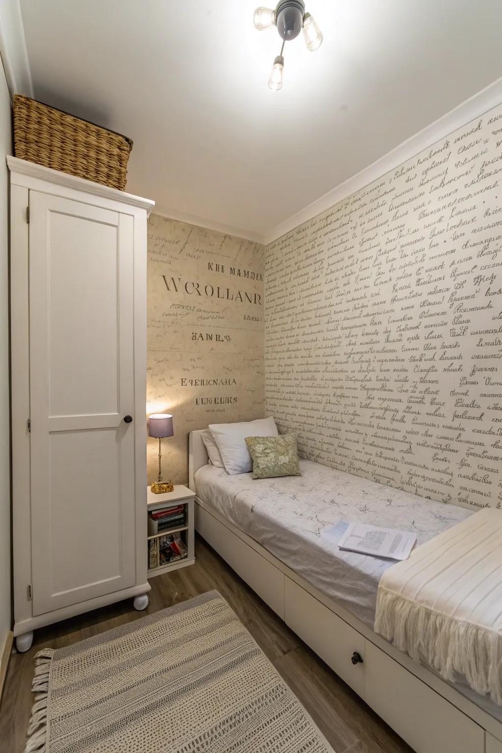 A statement wall adds depth and intrigue to a small white bedroom.