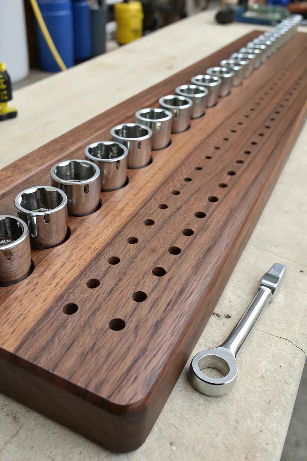 Elevate your garage with this handcrafted wooden socket organizer, where craftsmanship meets functionality.