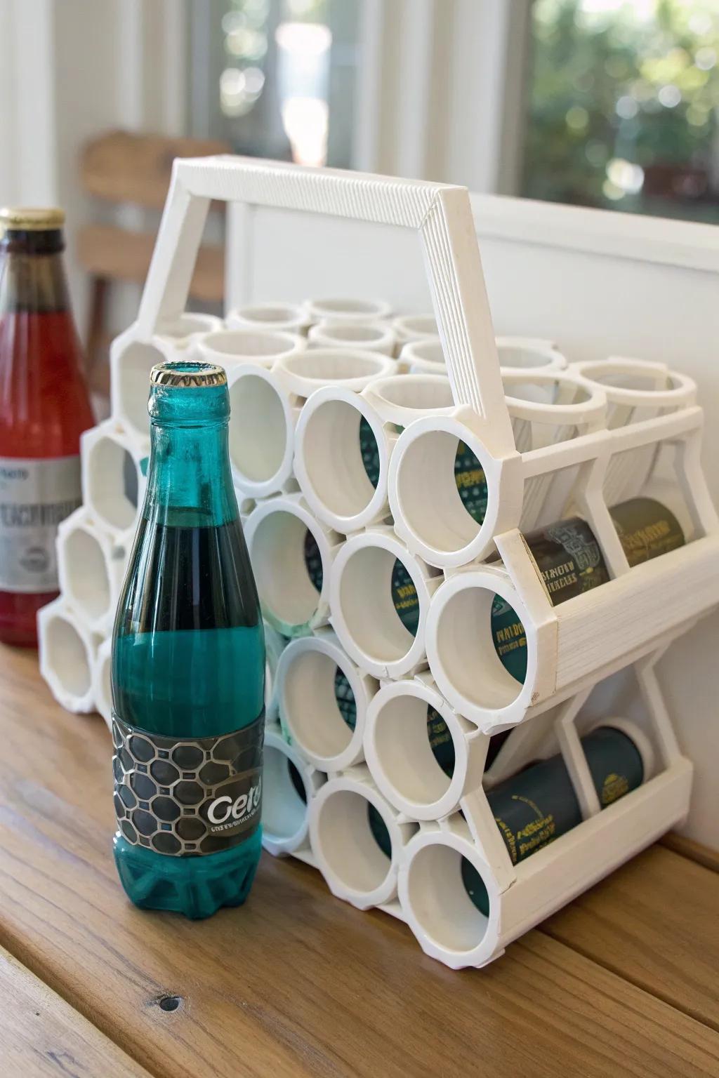 Transform PVC pipes into a chic soda bottle holder with this stylish DIY project!
