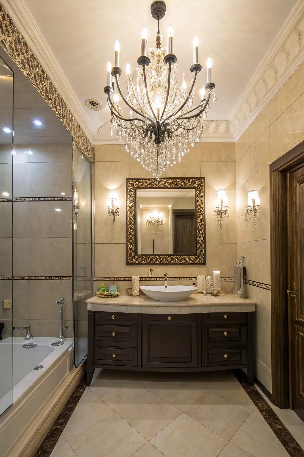 A chandelier can instantly elevate your bathroom's elegance.