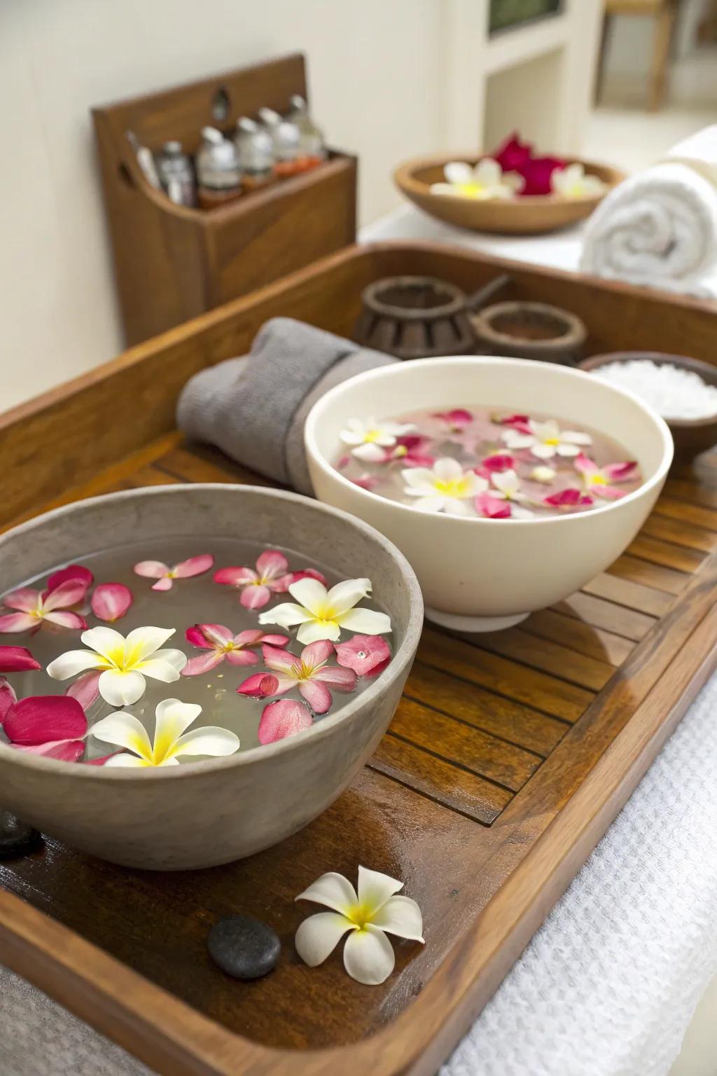 Foot soak stations provide a soothing experience for tired feet.