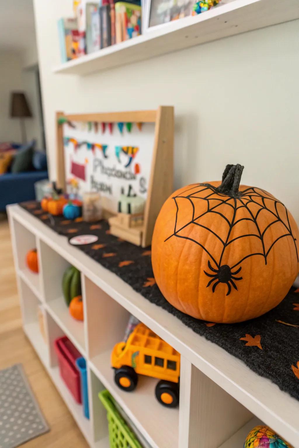 A pumpkin with cozy felt spider web cutouts.