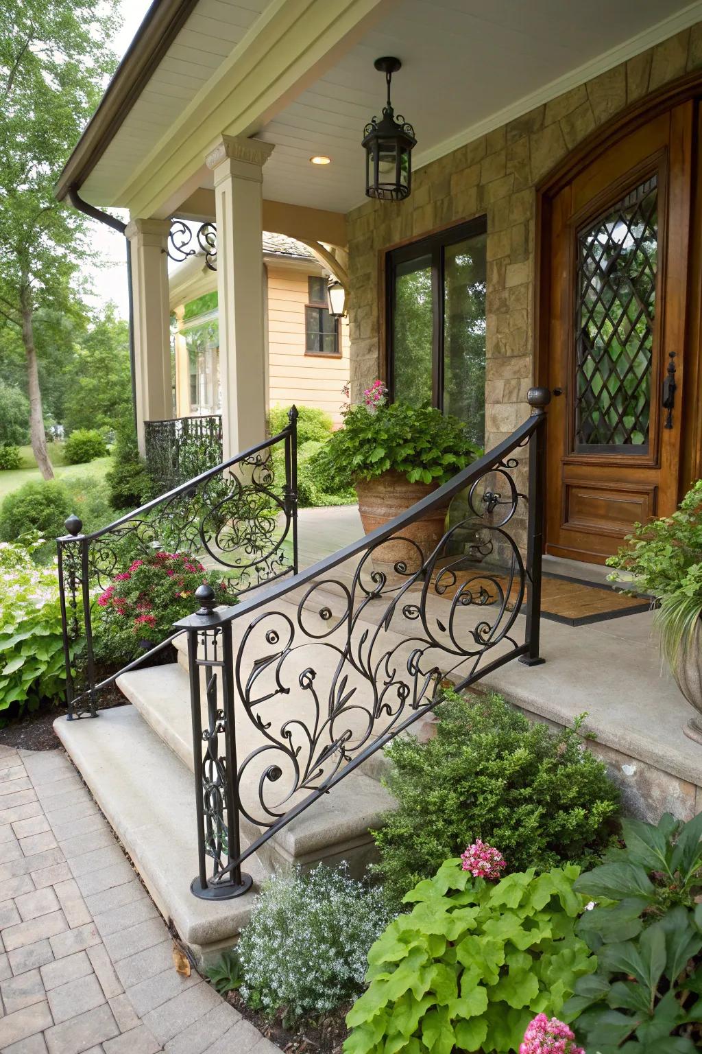 Decorative railings add elegance to this split foyer front porch.