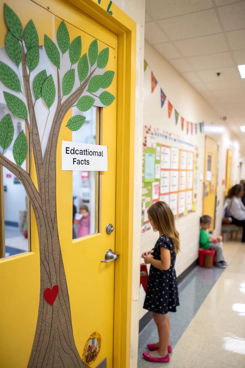 A tree of learning grows on a preschool door.