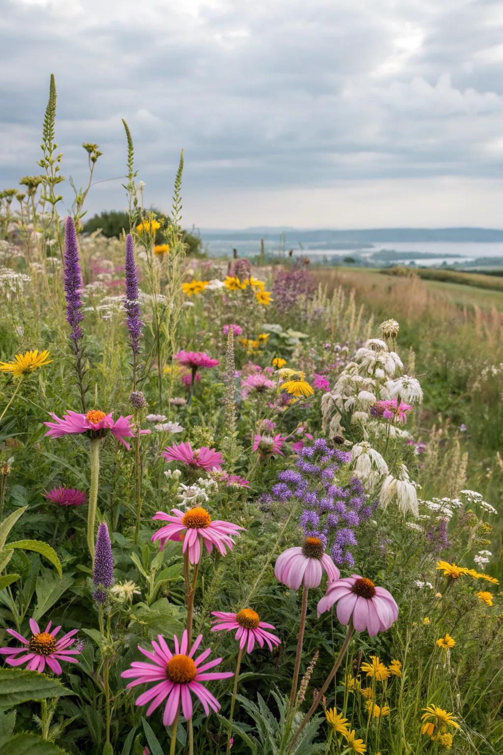 A wildflower meadow brings a natural aesthetic to the garden.