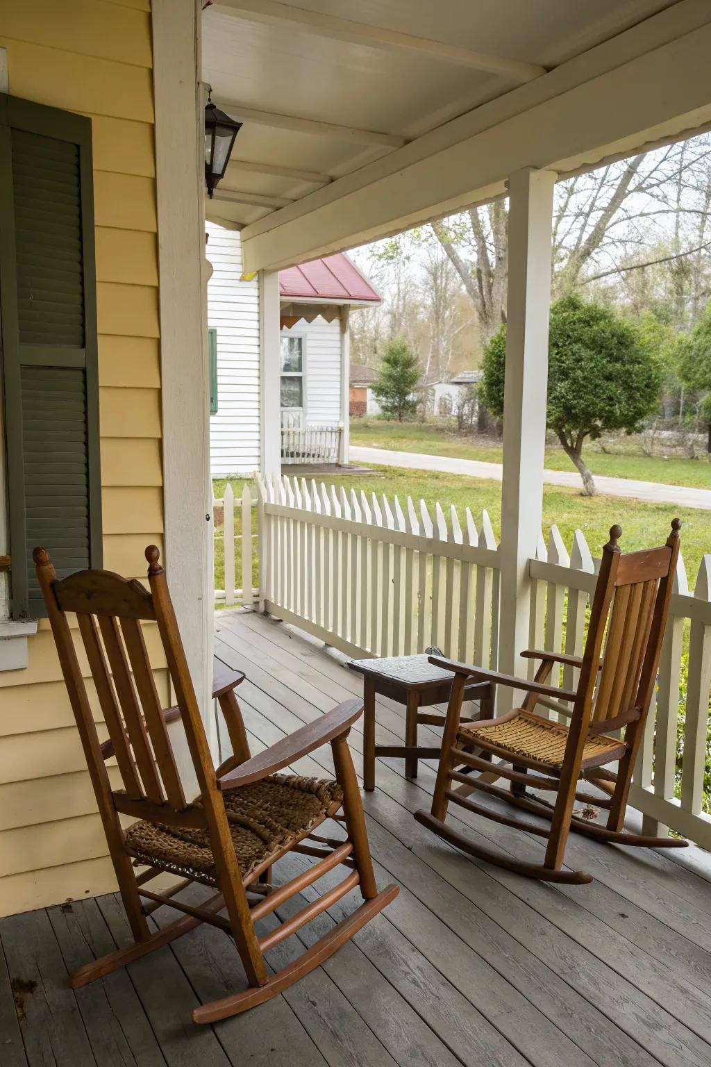 Classic rocking chairs inviting relaxation on the porch.