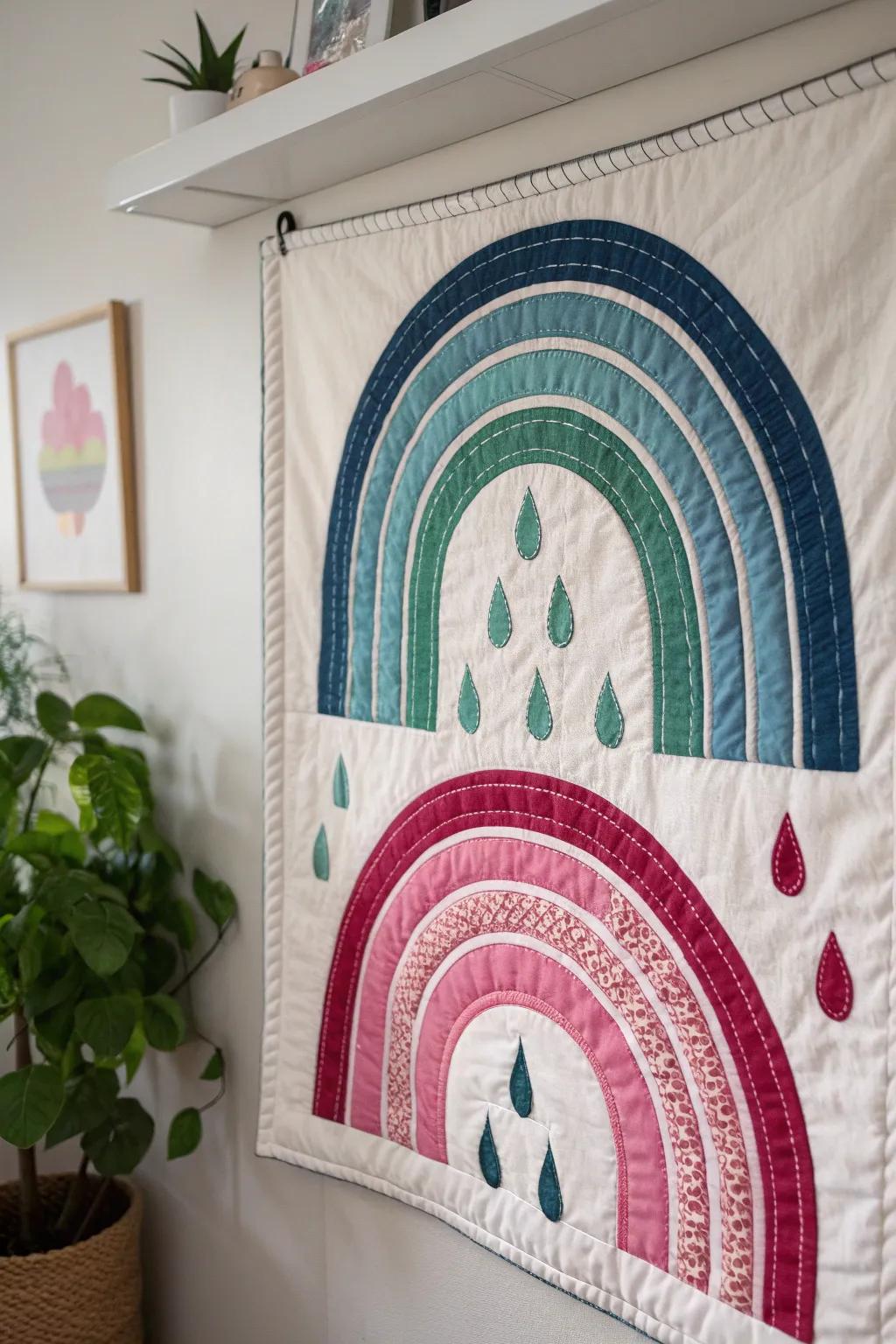 Embrace spring's vibrancy with a Rainbow Showers quilt—where colorful arcs meet gentle raindrops in a stunning minimalist design.