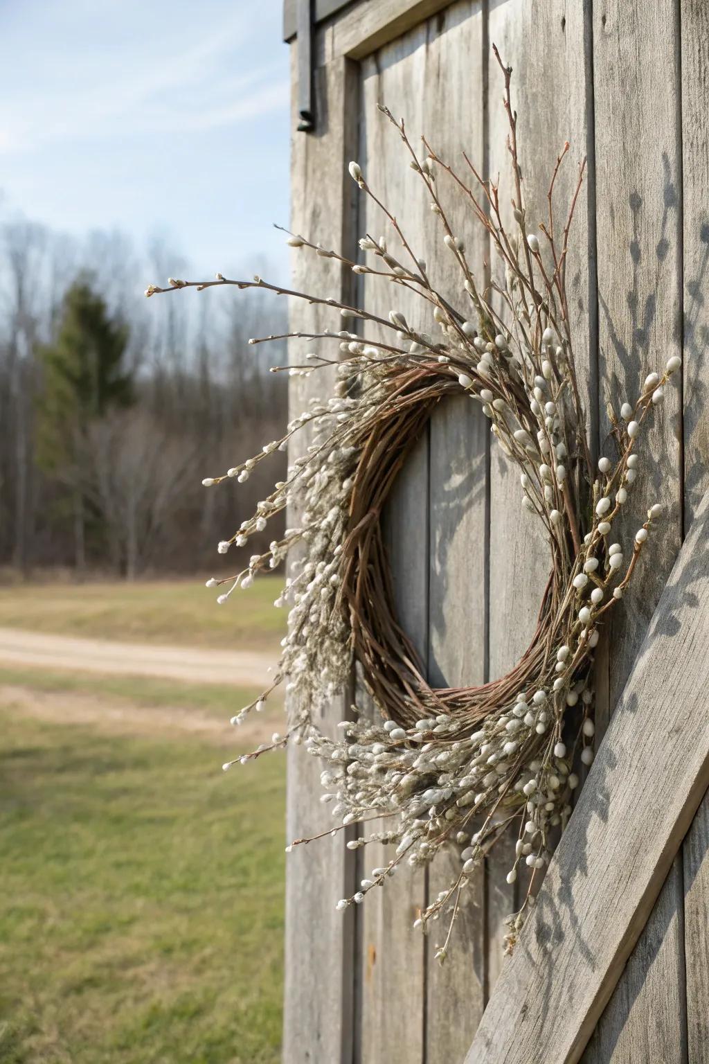 An elegant pussy willow wreath that celebrates nature's beauty.