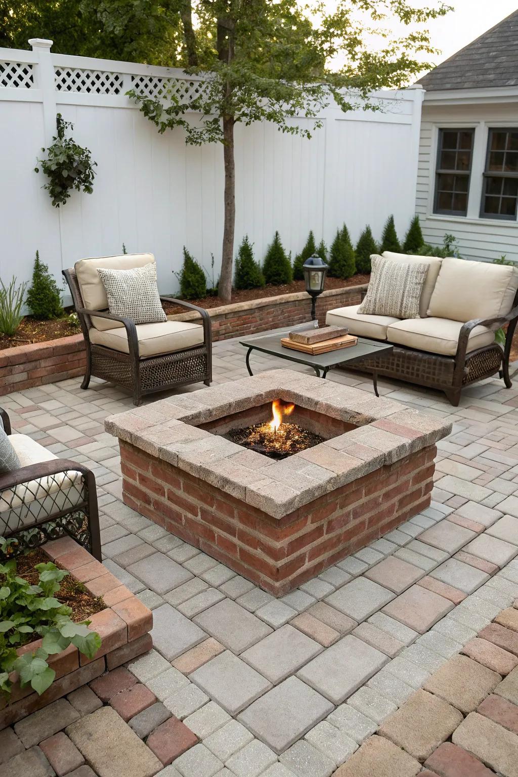 Brick lends a timeless charm to this fire pit design.