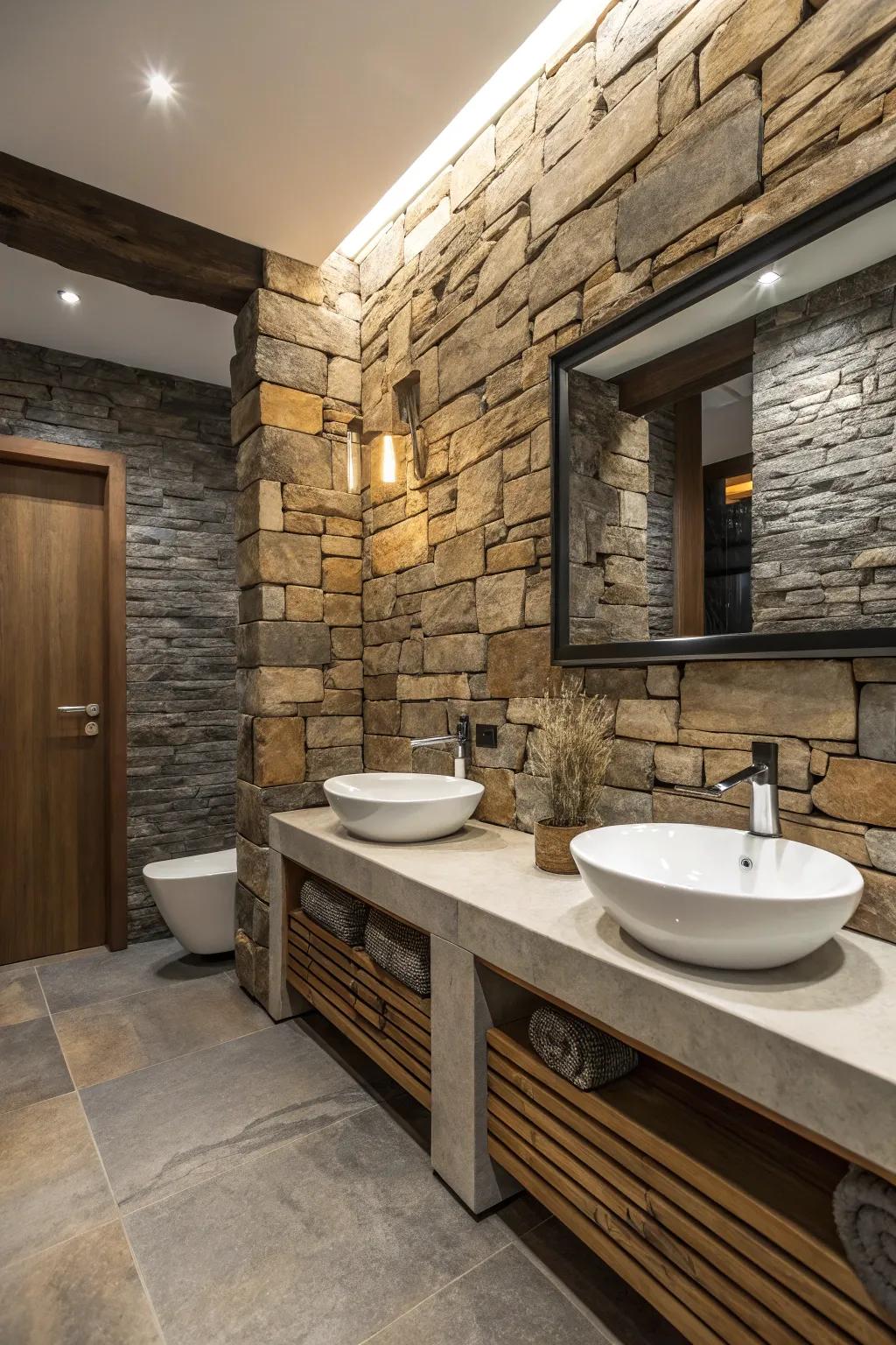 Earthy modern fusion with stacked stone and sleek design.