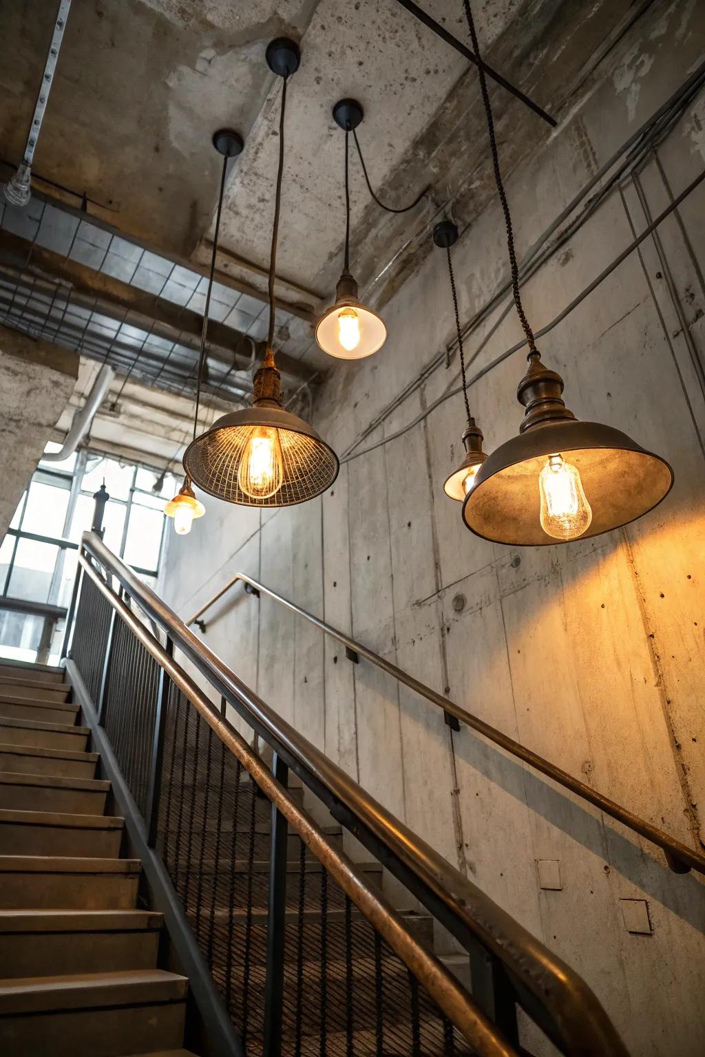 Industrial pendant lights add texture and interest to your stairs.