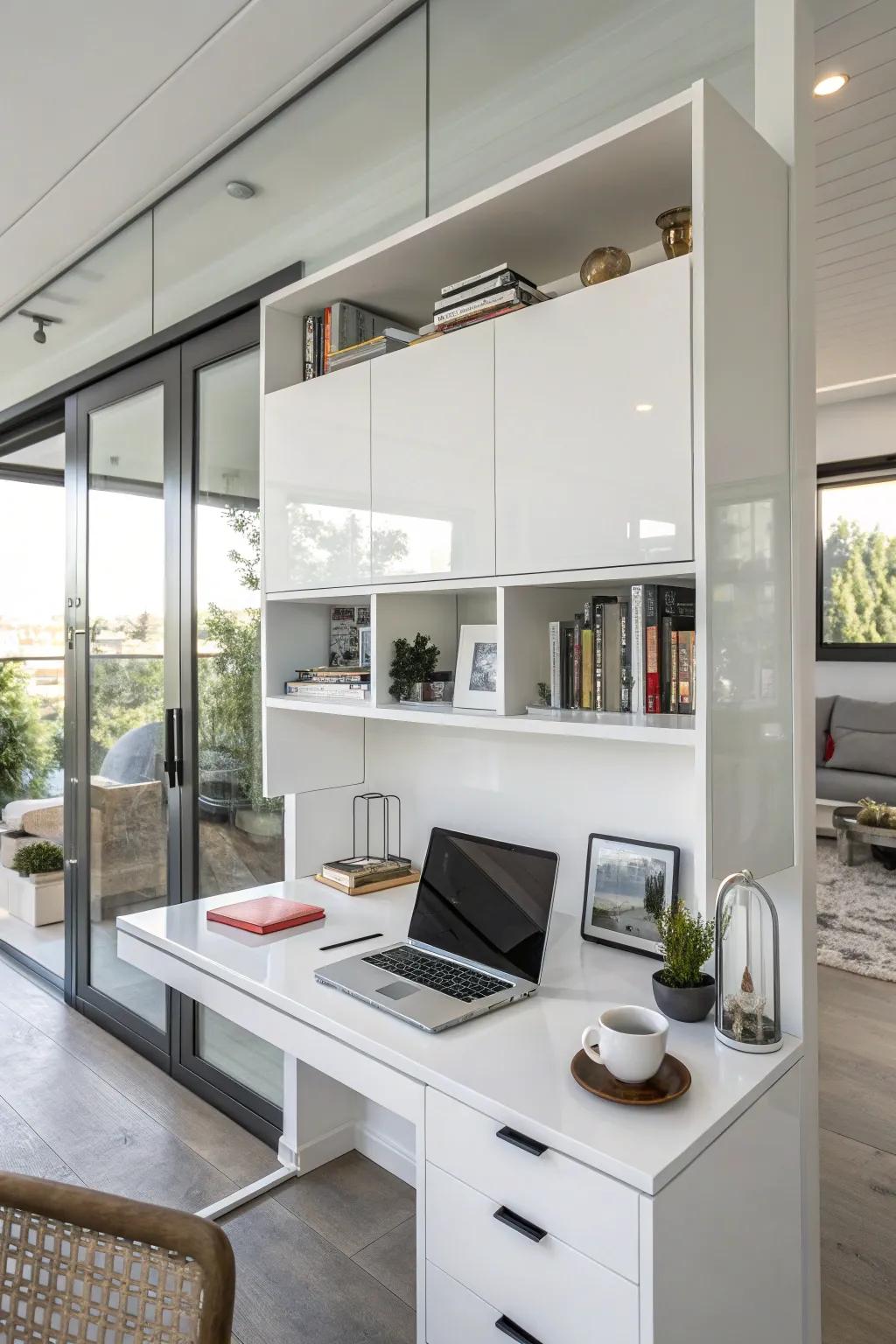 Overhead cabinets offer substantial storage without using desk space.