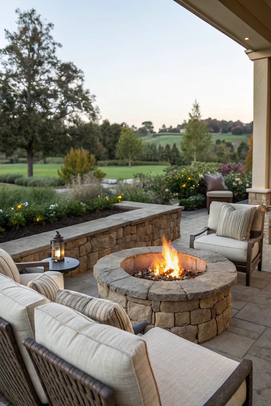 Stone fire pit surrounded by a comfortable outdoor lounge area.