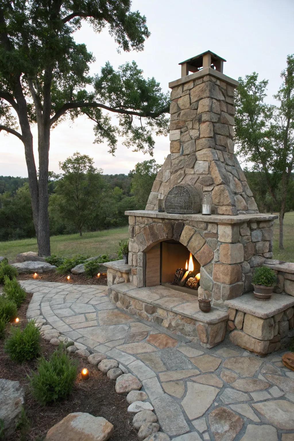 A combination of different stone shapes adds a creative touch to this fireplace.