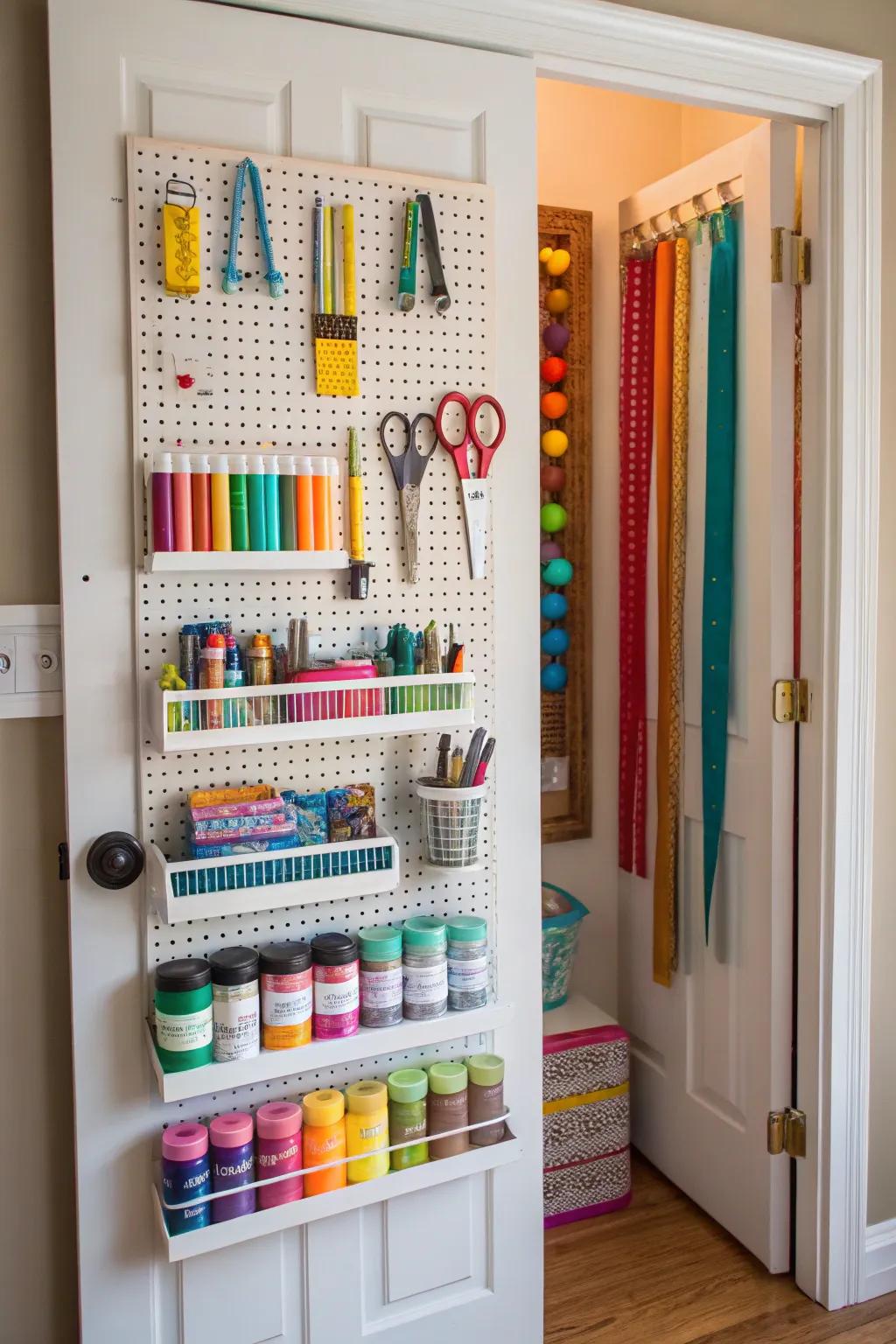 Pegboard keeps craft supplies organized and accessible.