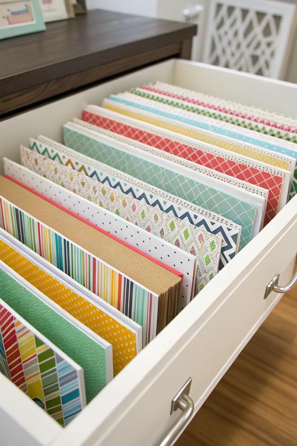 Drawer organizer for neatly storing bulletin board borders.