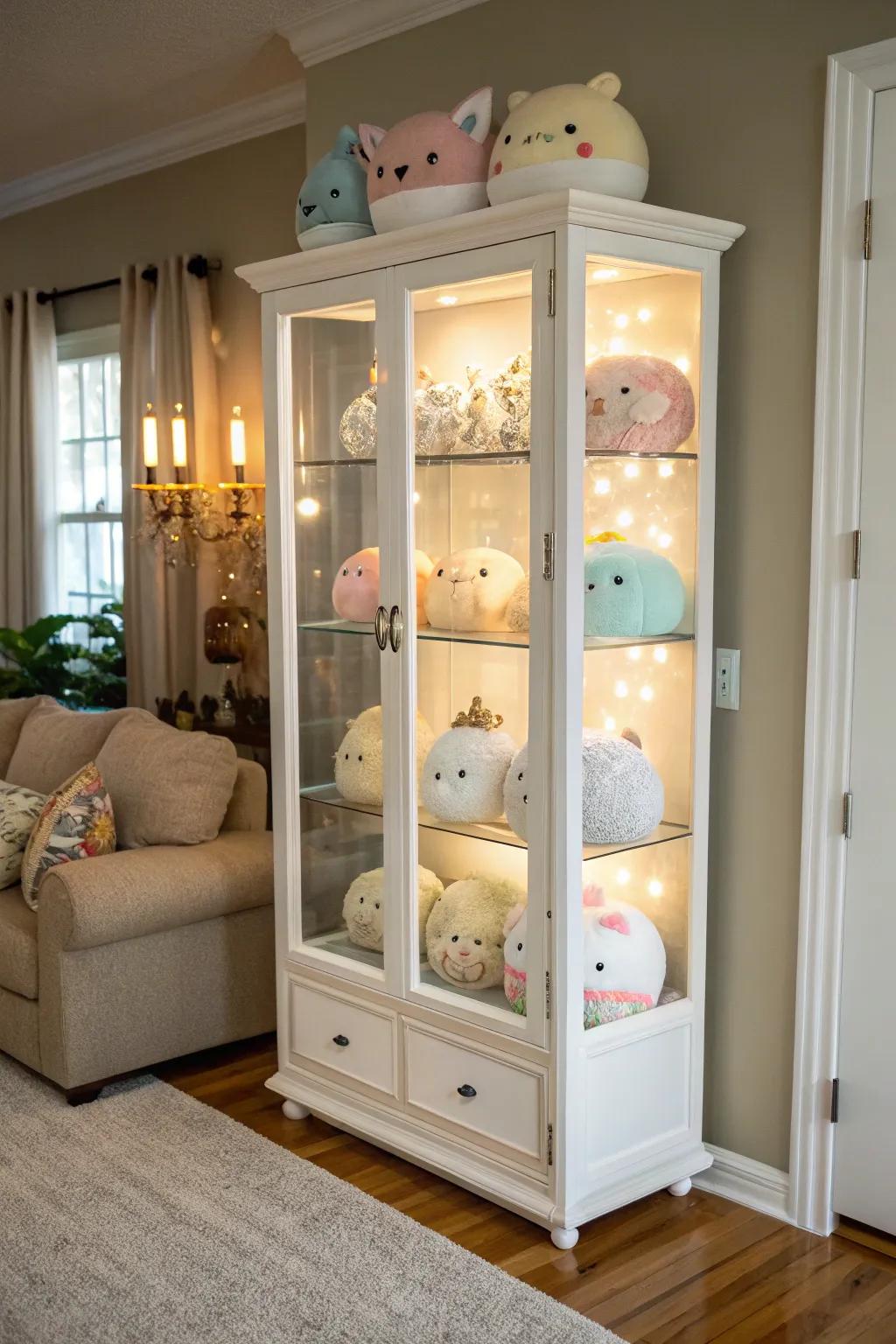 Glass cabinets elegantly display and protect Squishmallows from dust.