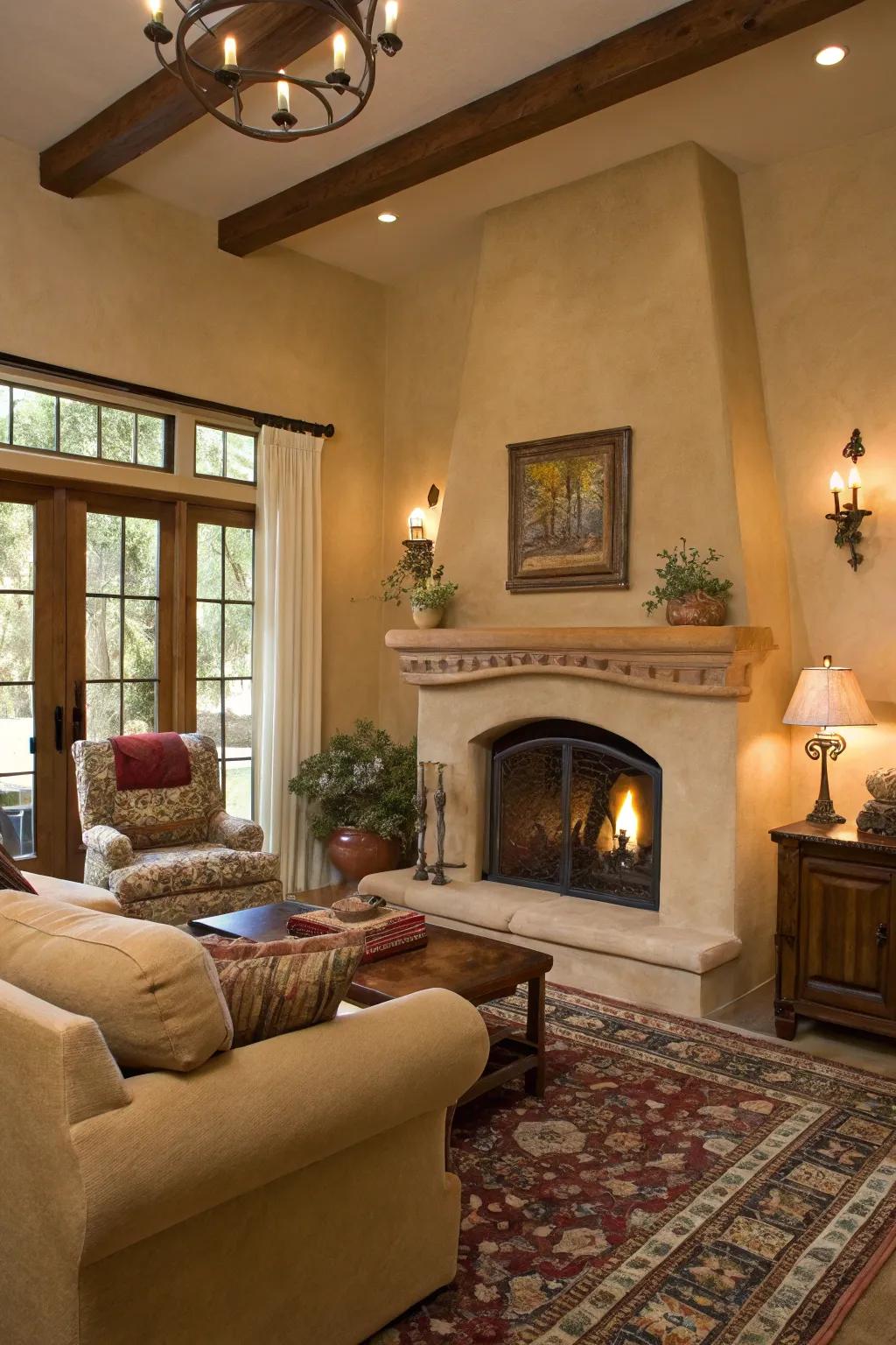 Warm earth tones bring a cozy feel to this stucco fireplace.