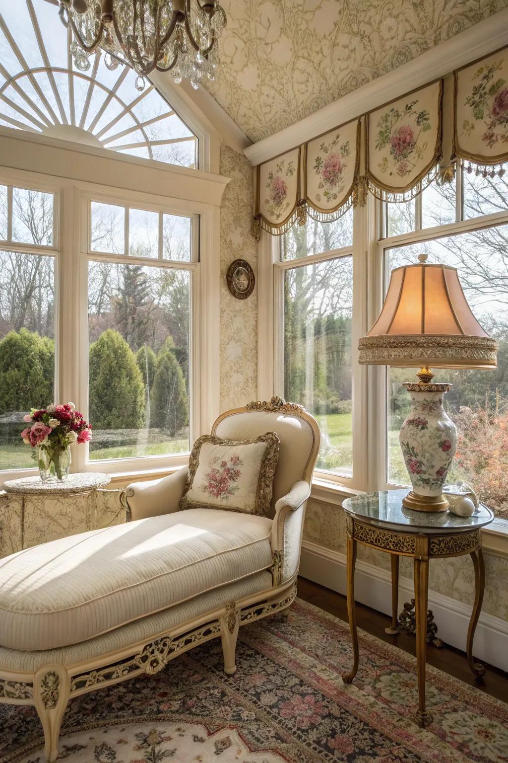 A sunroom filled with vintage glamour, featuring antique furniture and ornate decor.