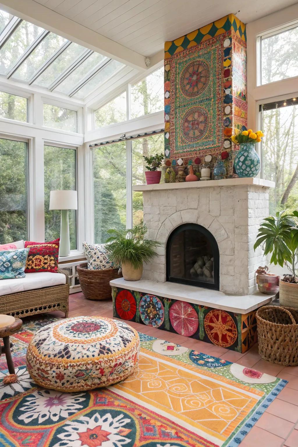 A colorful mosaic tile fireplace adding personality and vibrancy to a sunroom.