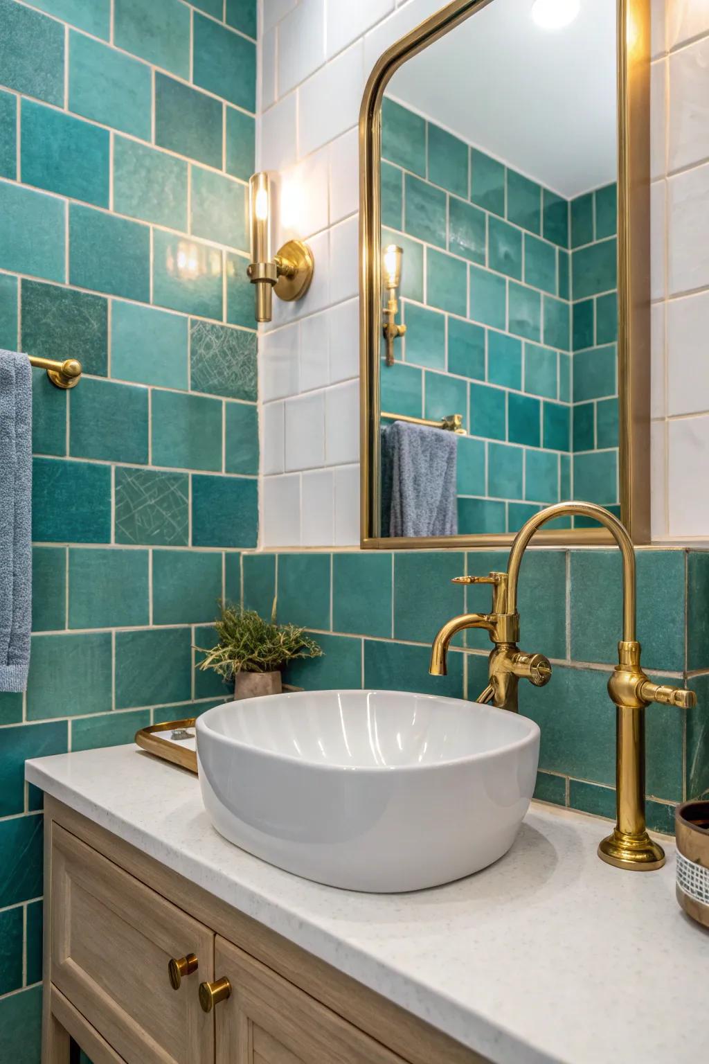 A stylish bathroom featuring a combination of teal and brass.