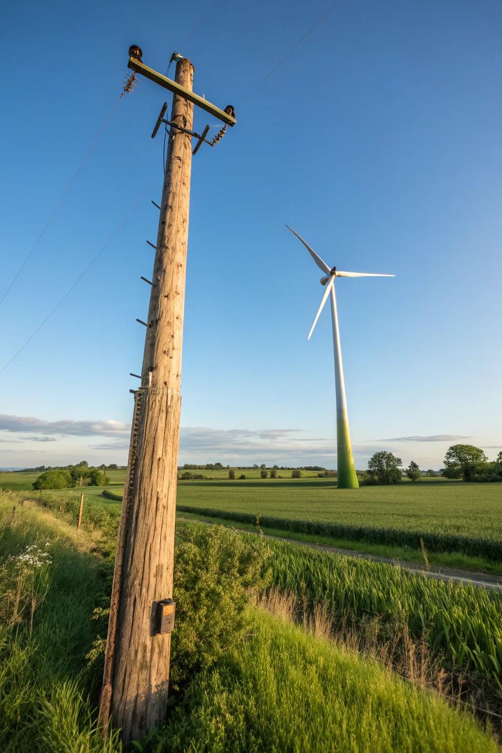 Harness the power of craftsmanship: Transform a telephone pole into a striking wind turbine stand for sustainable energy.