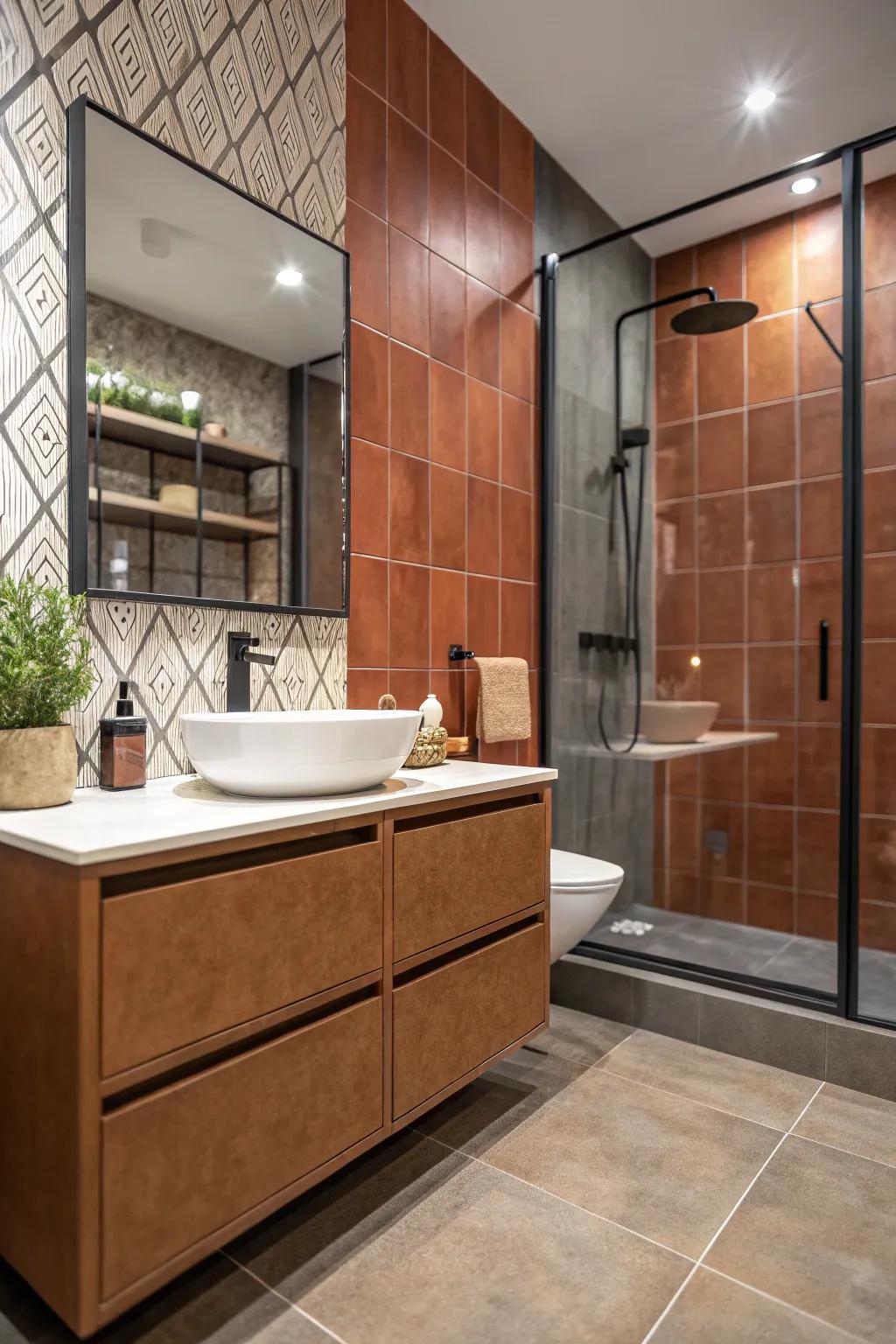 Terra cotta accent tiles bring subtle warmth to the bathroom.