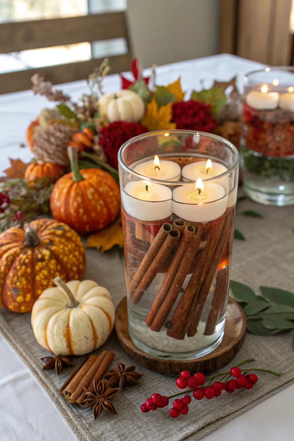 Spices and floating candles create a fragrant and cozy Thanksgiving centerpiece.