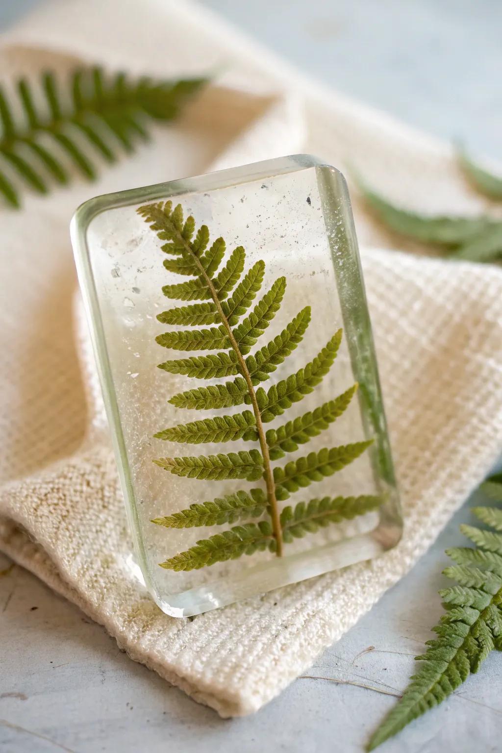 Nature's elegance captured: a pressed fern in resin, blending simplicity with bold beauty.