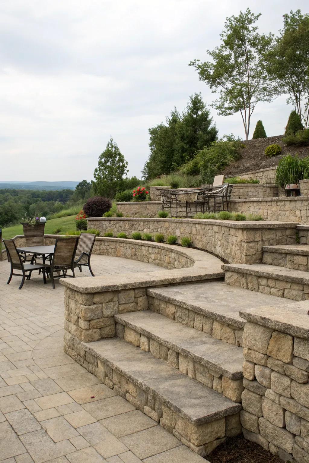 Stone retaining walls add structure and seating on a tiered patio.