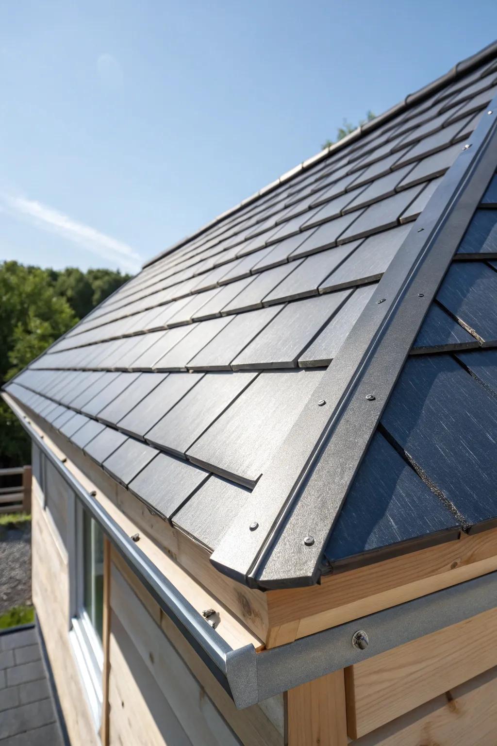 Elevate your tiny house with the sleek durability of aluminum shingles.