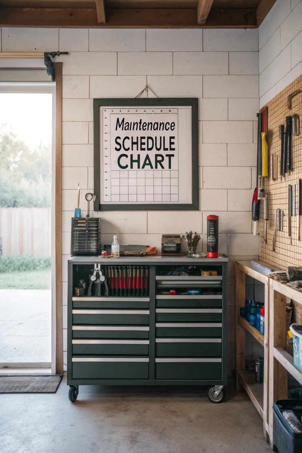 A visible maintenance schedule chart in a tool crib.